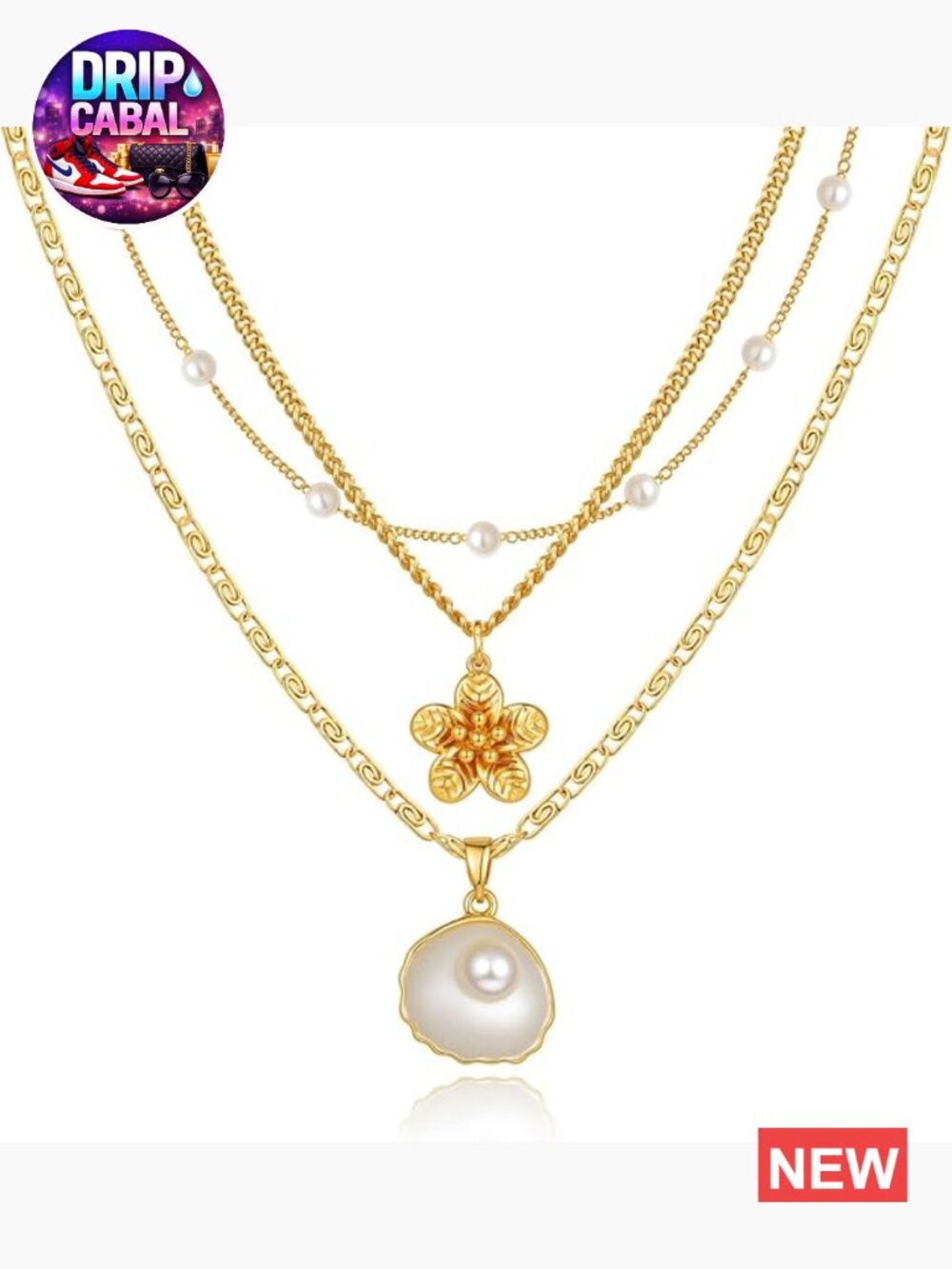14k Gold Plated Dainty Choker Necklace Set Pearl Seashell Charm - 3 Pack